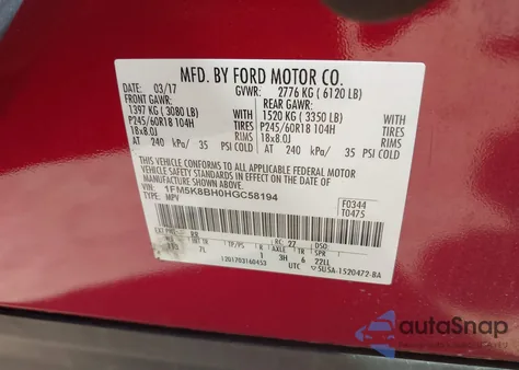 2017 Ford Explorer z USA, uszkodzony, nr VIN 1FM5K8BH0HGC58194